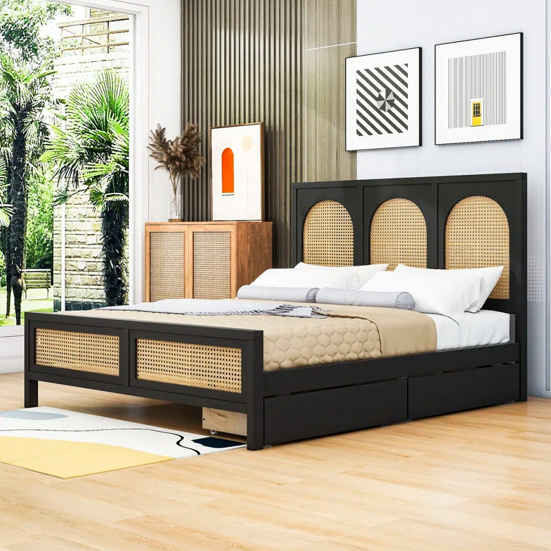 ADOUER WOOD Handcrafted Solid Sheesham Wood Vintage Rattan Cane Bed with 2 drawers – White Finish