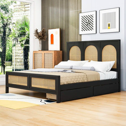 ADOUER WOOD Handcrafted Solid Sheesham Wood Vintage Rattan Cane Bed with 2 drawers – White Finish