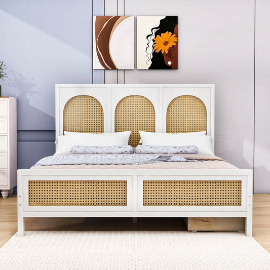 ADOUER WOOD Handcrafted Solid Sheesham Wood Vintage Rattan Cane Bed with 2 drawers – White Finish