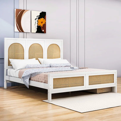 ADOUER WOOD Handcrafted Solid Sheesham Wood Vintage Rattan Cane Bed with 2 drawers – White Finish