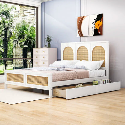 ADOUER WOOD Handcrafted Solid Sheesham Wood Vintage Rattan Cane Bed with 2 drawers – White Finish