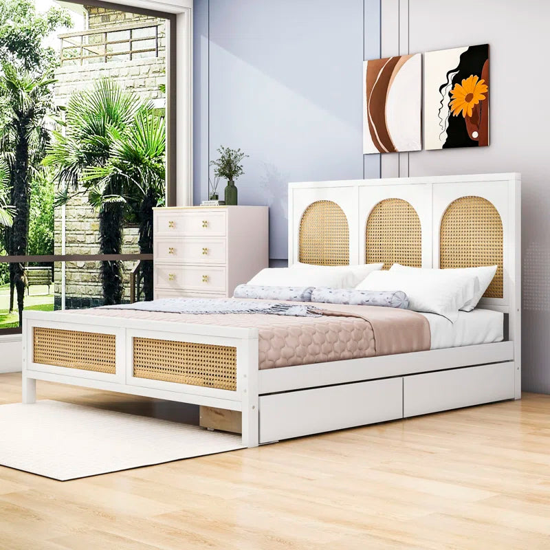 ADOUER WOOD Handcrafted Solid Sheesham Wood Vintage Rattan Cane Bed with 2 drawers – White Finish