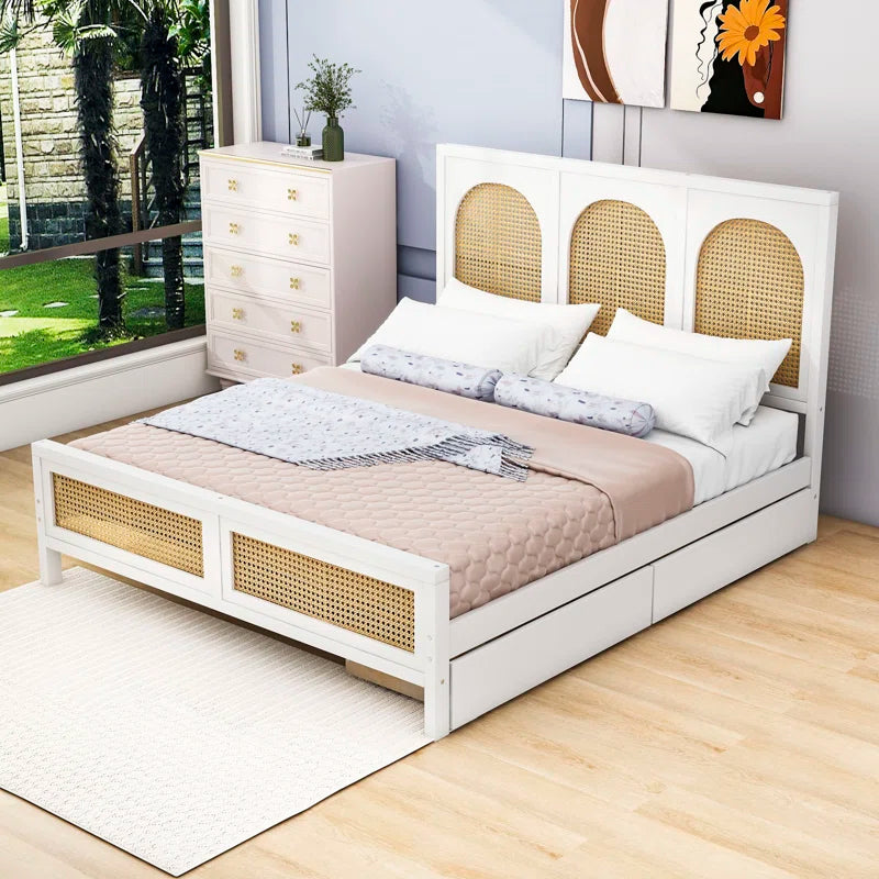 ADOUER WOOD Handcrafted Solid Sheesham Wood Vintage Rattan Cane Bed with 2 drawers – White Finish