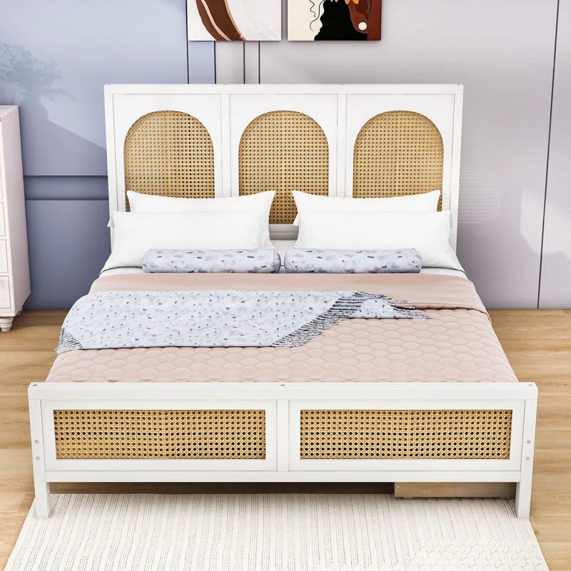 ADOUER WOOD Handcrafted Solid Sheesham Wood Vintage Rattan Cane Bed with 2 drawers – White Finish