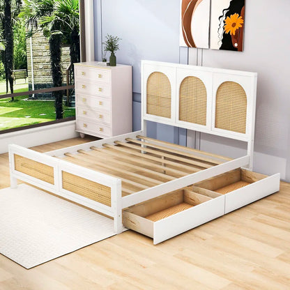 ADOUER WOOD Handcrafted Solid Sheesham Wood Vintage Rattan Cane Bed with 2 drawers – White Finish