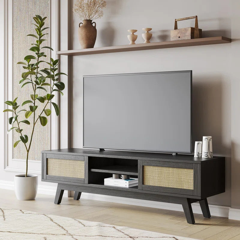 ADOUER WOOD Solid Acacia Wood Natural Cane Tv Unit For Home