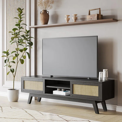 ADOUER WOOD Solid Acacia Wood Natural Cane Tv Unit For Home