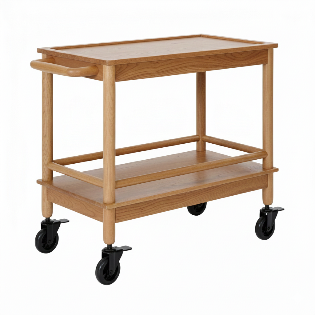 ADOUER WOOD Premium Acacia Wood Bar Cart – 2-Tier Mobile Serving Trolley with Solid Wood Frame & Handle – Rolling Kitchen Island with PVC Wheels