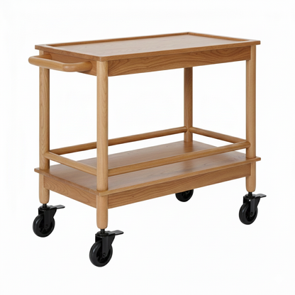 ADOUER WOOD Premium Acacia Wood Bar Cart – 2-Tier Mobile Serving Trolley with Solid Wood Frame & Handle – Rolling Kitchen Island with PVC Wheels