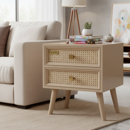 Adouer Wood "Ratan Cane" Solid Wood Bedside Table, Hand-Woven Rattan With 2 Drawers Elegant & Descriptive