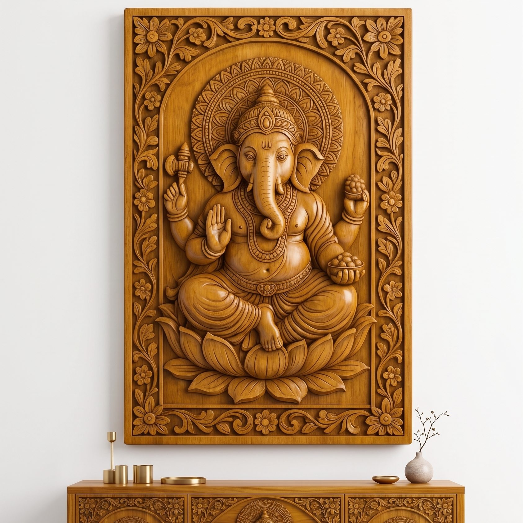 Large carved wooden wall art depicting Lord Ganesha, displayed in a luxurious living room setting above 