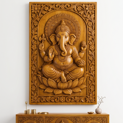 Large carved wooden wall art depicting Lord Ganesha, displayed in a luxurious living room setting above 