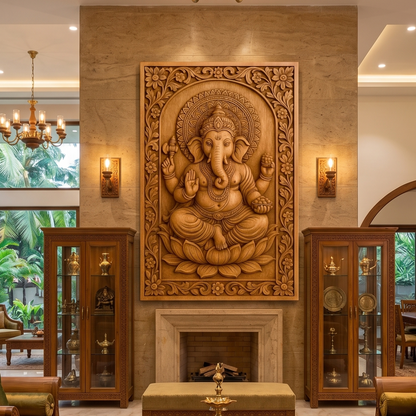 Large carved wooden wall art depicting Lord Ganesha, displayed in a luxurious living room setting above a fireplace.
