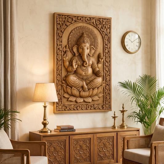 Large rectangular wooden wall art featuring an intricately carved Ganesha relief, displayed in a styled living room setting above a wooden console table with a lamp, books, and plants.