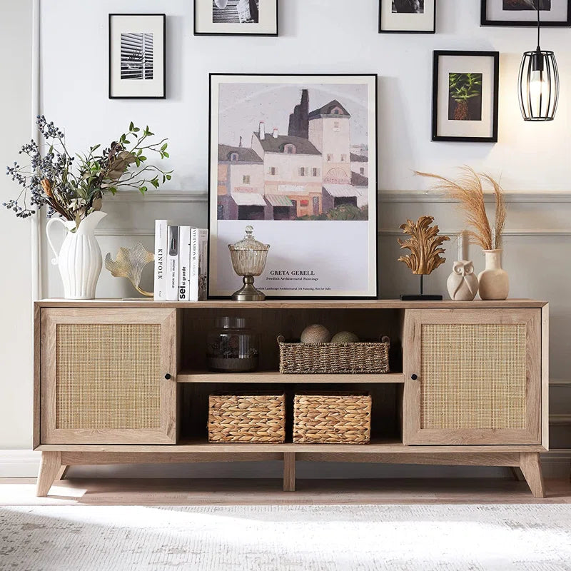 ADOUER WOOD Stylish Solid Sheesahm Wood Natural Rattan Cane 2 Door & Middle Storage Tv Unit For Home