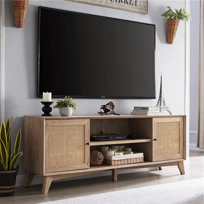 ADOUER WOOD Stylish Solid Sheesahm Wood Natural Rattan Cane 2 Door & Middle Storage Tv Unit For Home