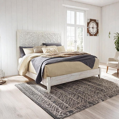 ADOUER WOOD Solid Sheesham Wood Luxuries Distressed Hand Carving  Bed, Without Storage