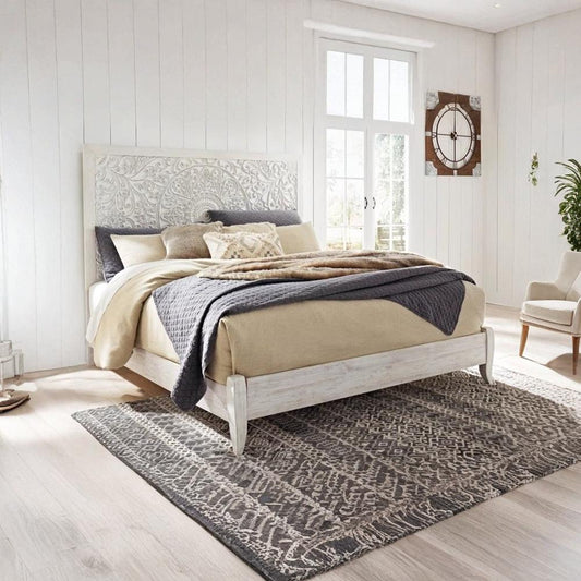 ADOUER WOOD Solid Sheesham Wood Luxuries Distressed Hand Carving  Bed, Without Storage