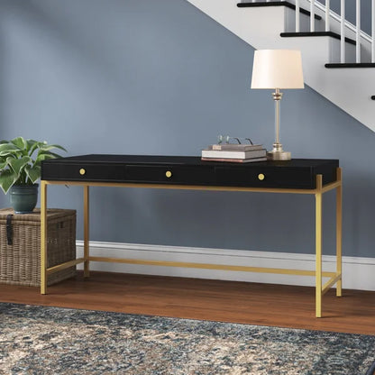 Solid Sheesham Wood 3 Drawers White Top & Gold Leg/Frame Multi Use Study Table For Home & Office