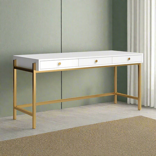 Solid Sheesham Wood 3 Drawers White Top & Gold Leg/Frame Multi Use Study Table For Home & Office