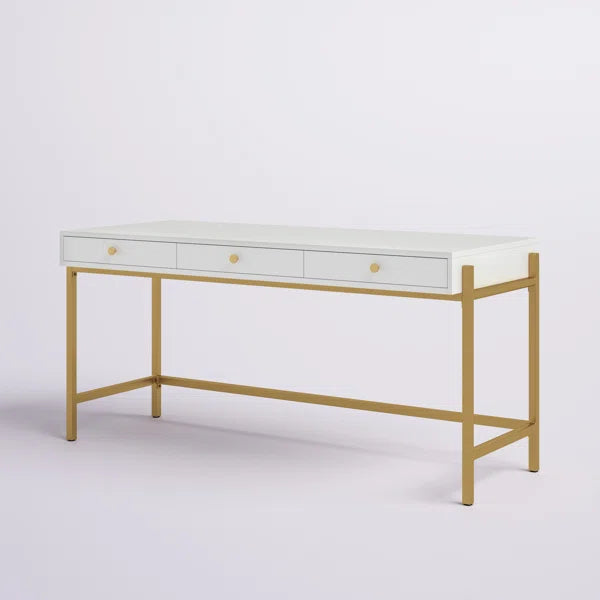 Solid Sheesham Wood 3 Drawers White Top & Gold Leg/Frame Multi Use Study Table For Home & Office