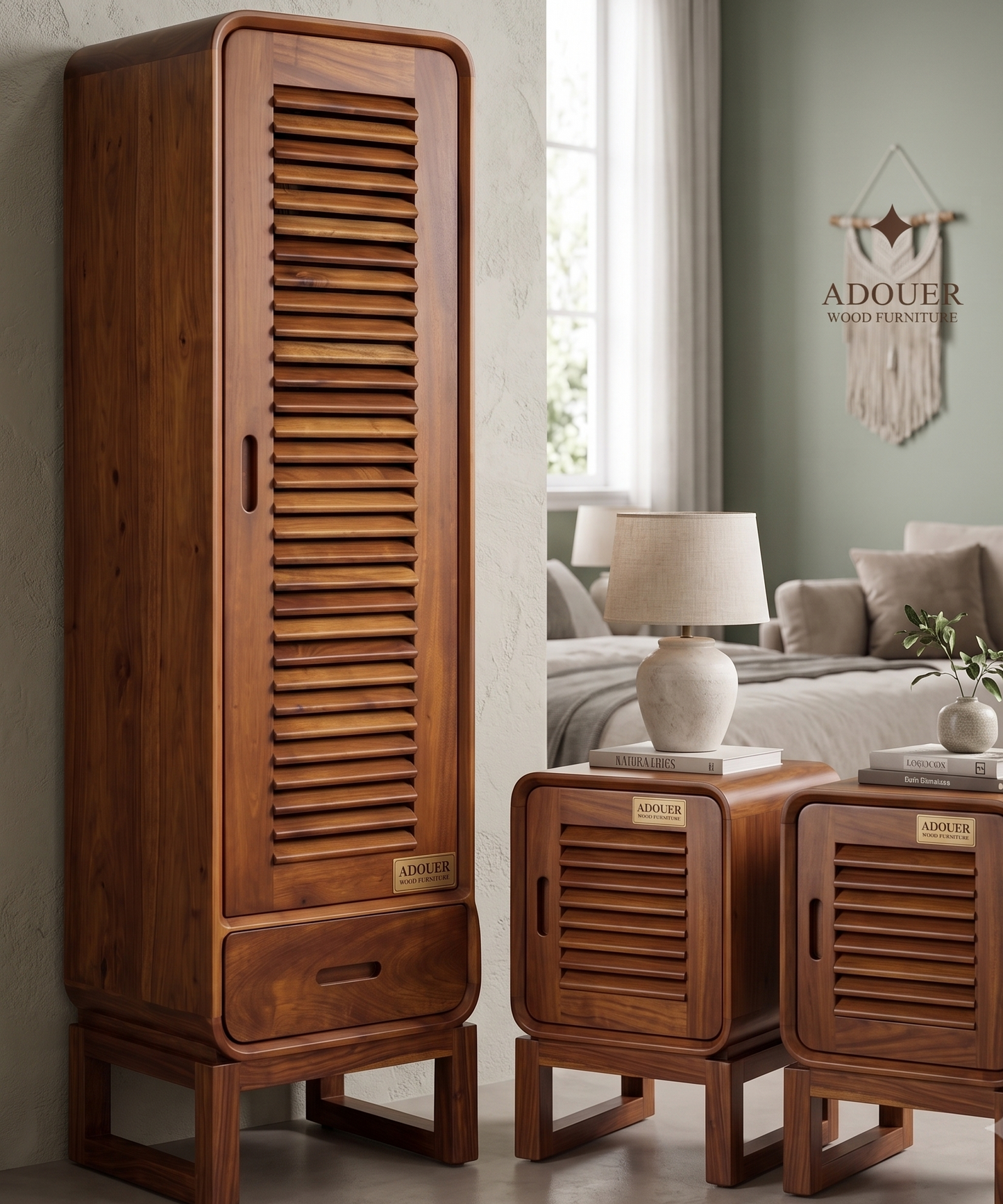 Mid-Century Solid Wood Louvered Tall Storage Cabinet with Drawer