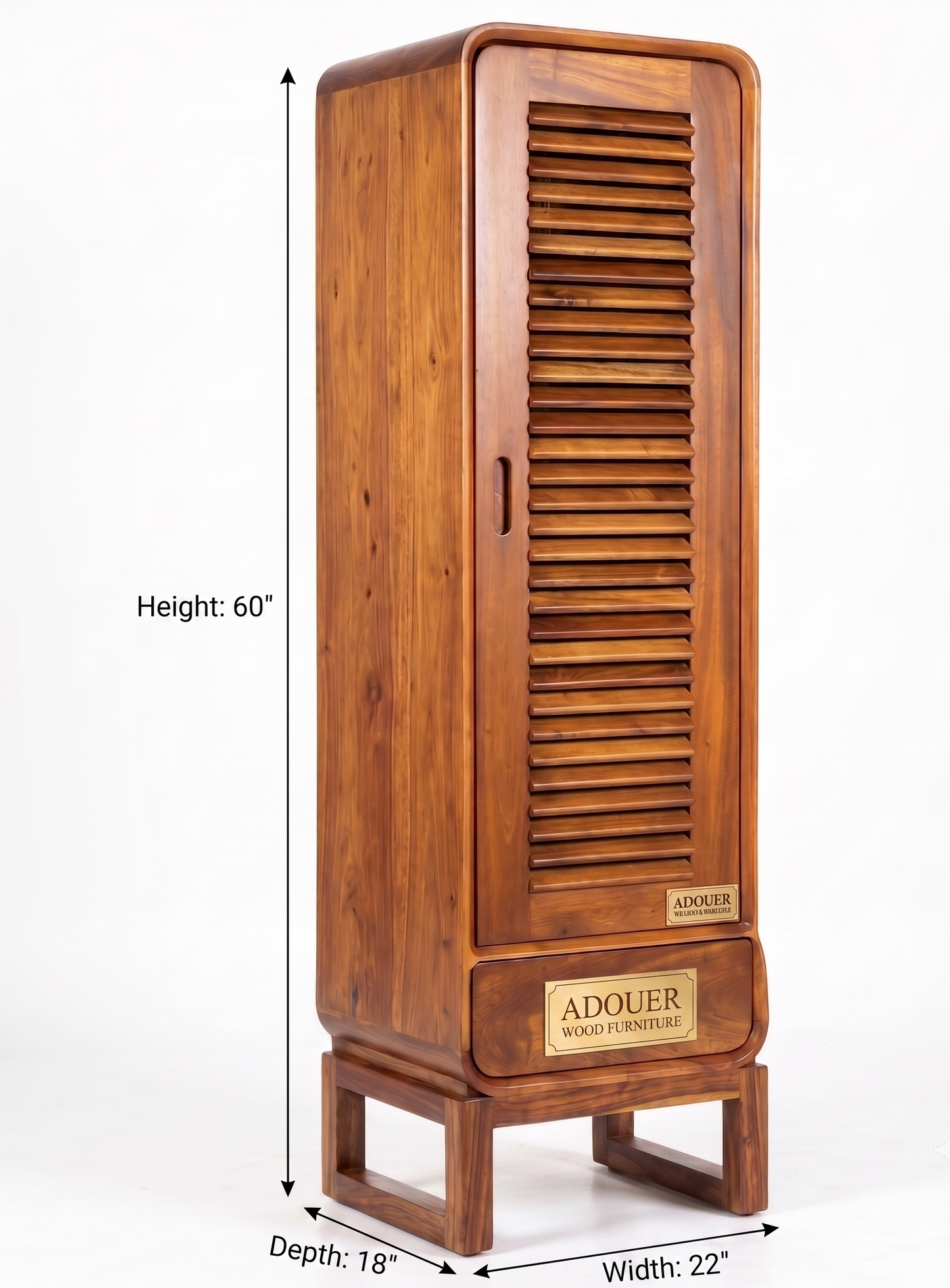 Mid-Century Solid Wood Louvered Tall Storage Cabinet with Drawer