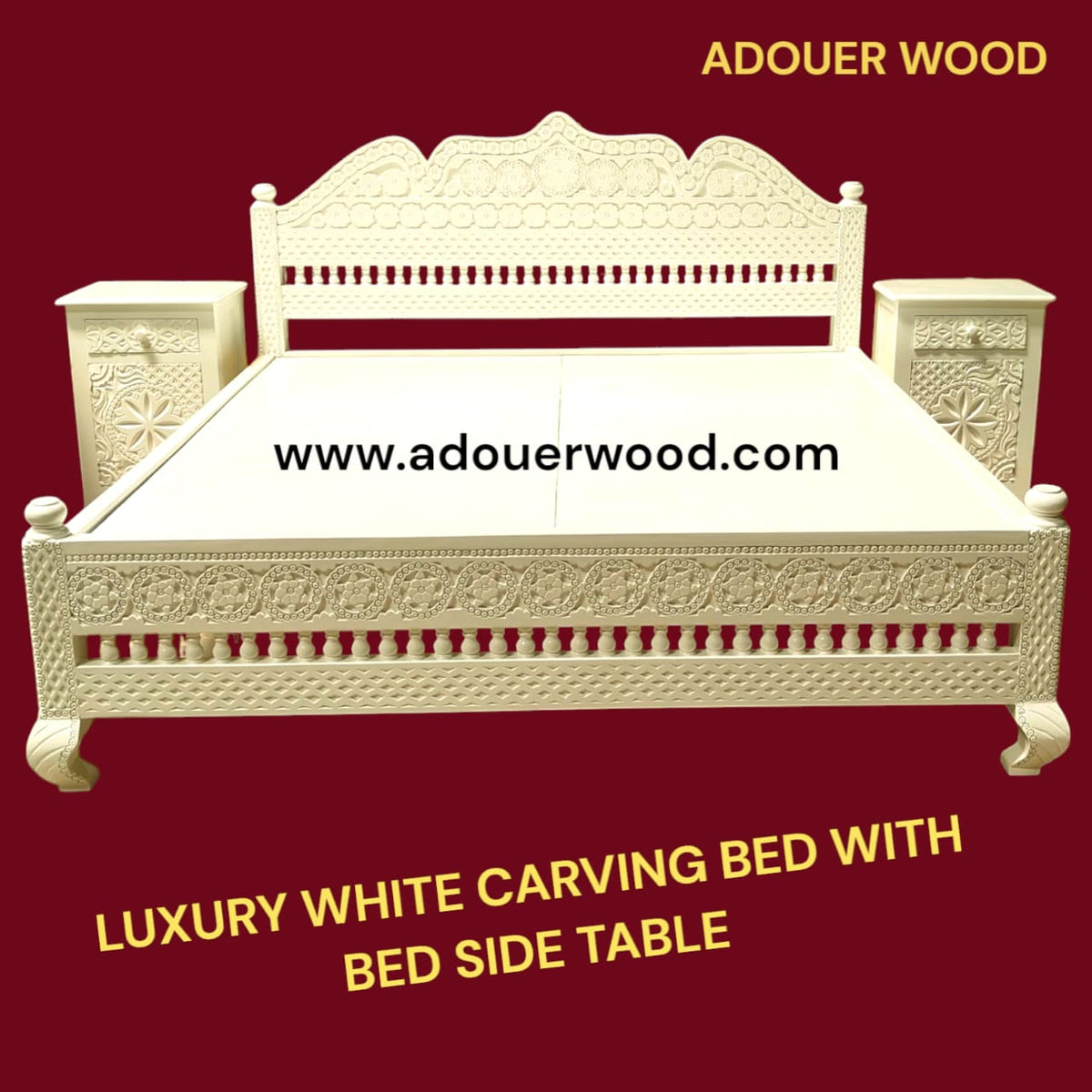 Luxury white carving bed with bed side table on a red background, featuring ADOUER WOOD  branding.
