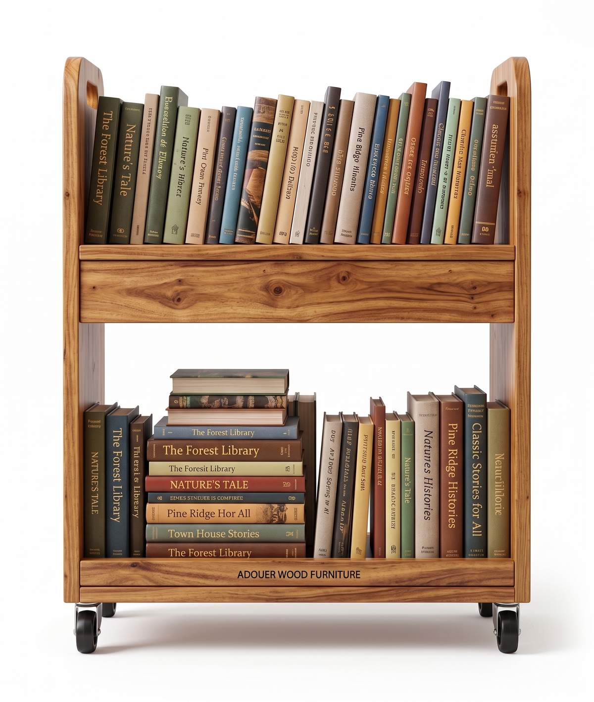 ADOUER WOOD 2-Tier Rolling Wooden Bookcase & Magazine Stand with Handles