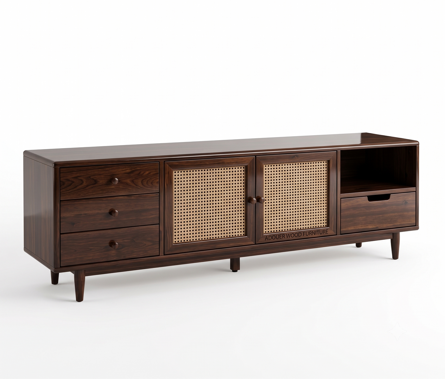 ADOUER WOOD Japandi TV Stand with Woven Rattan Doors & Multi-Drawer Storage