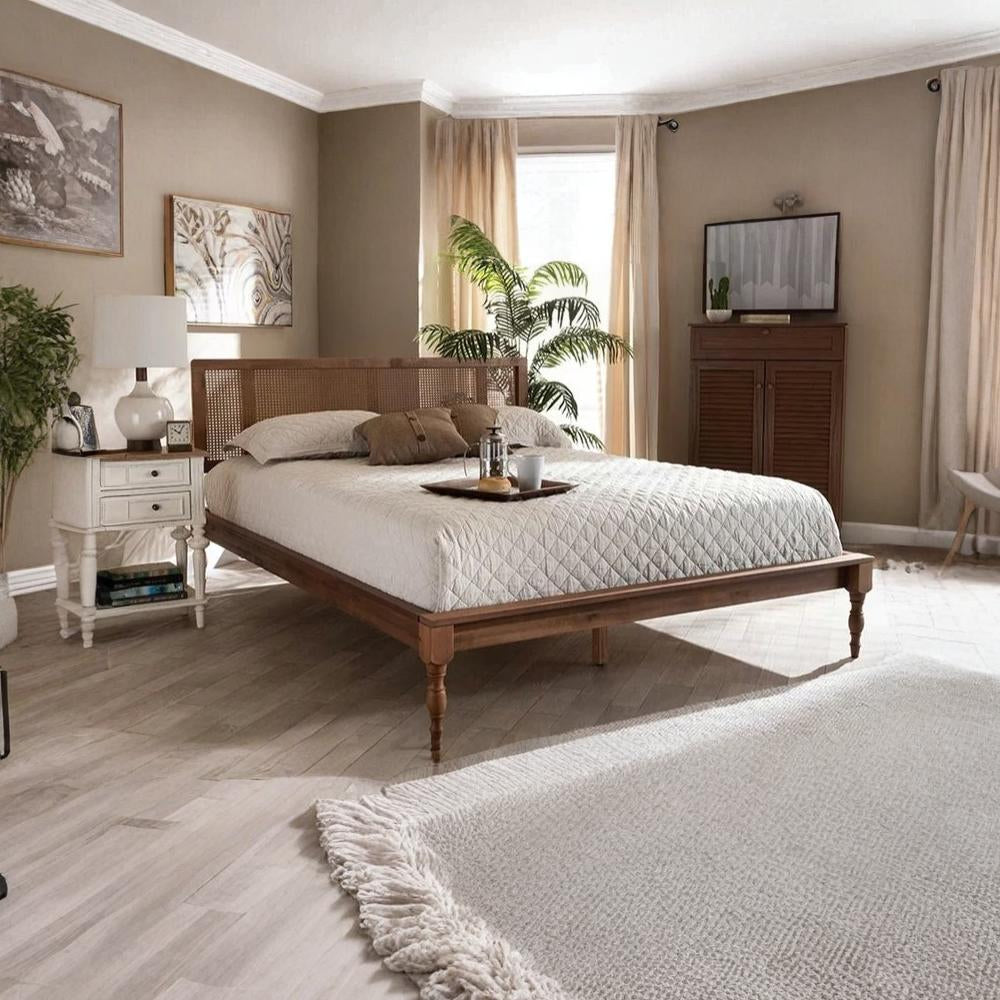 ADOUER WOOD Handcrafted Sheesham Wood Vintage Rattan Cane Bed – Natural Finish