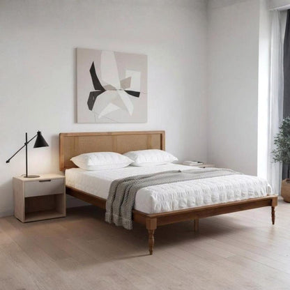 ADOUER WOOD Handcrafted Sheesham Wood Vintage Rattan Cane Bed – Natural Finish
