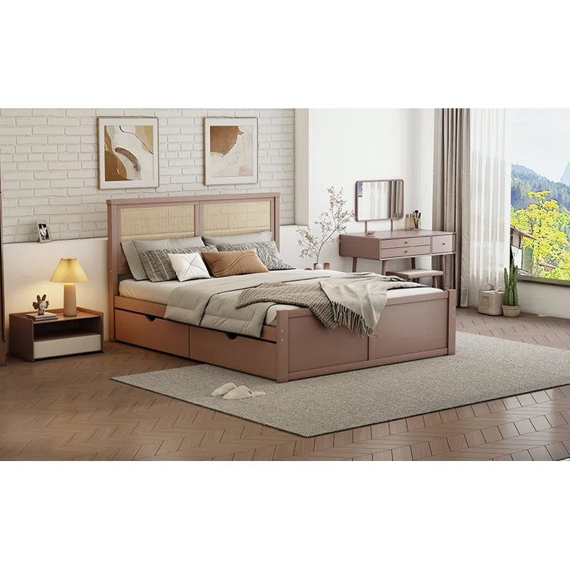 ADOUER WOOD Solid Sheesham Wood Standard Bed With Both Side Drawer - Brown Finish