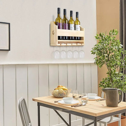 Adouer Wood "Wall-Mounted Solid Sheesham Wooden Wine Rack with Glass Holder - Holds 4 Bottles and 4 Glasses"