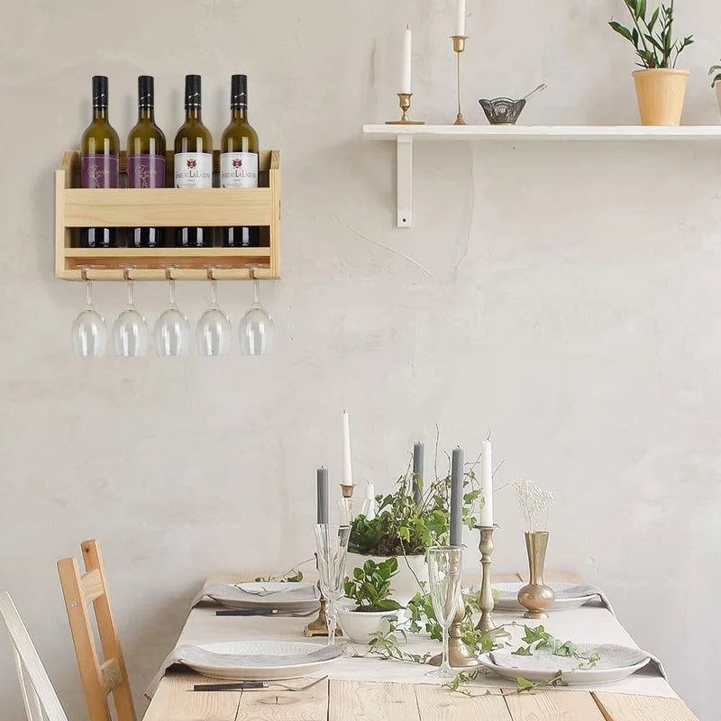 Adouer Wood "Wall-Mounted Solid Sheesham Wooden Wine Rack with Glass Holder - Holds 4 Bottles and 4 Glasses"