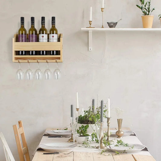 Adouer Wood "Wall-Mounted Solid Sheesham Wooden Wine Rack with Glass Holder - Holds 4 Bottles and 4 Glasses"