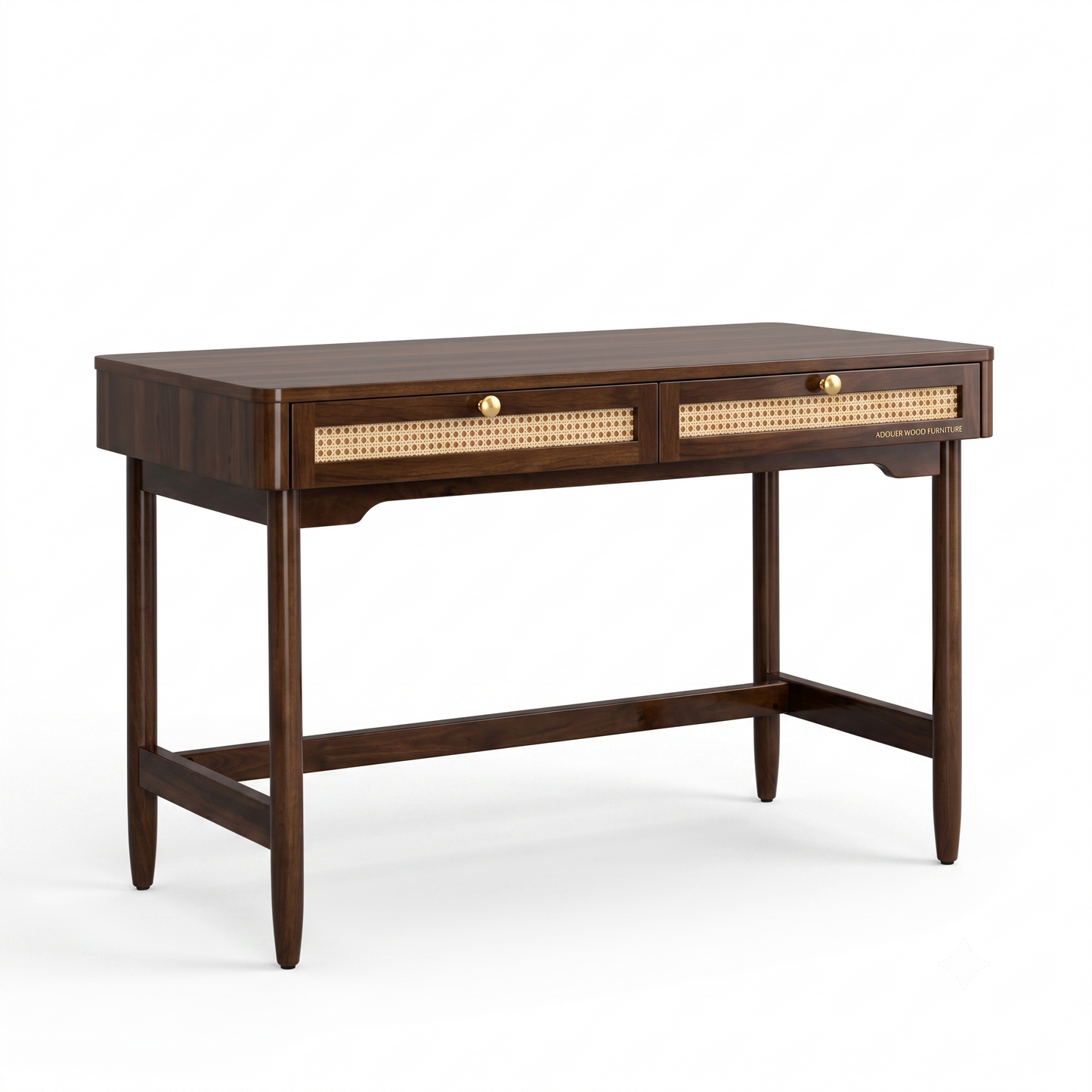 Mid-Century Modern Desk with Rattan Webbing Drawers & Tapered Legs