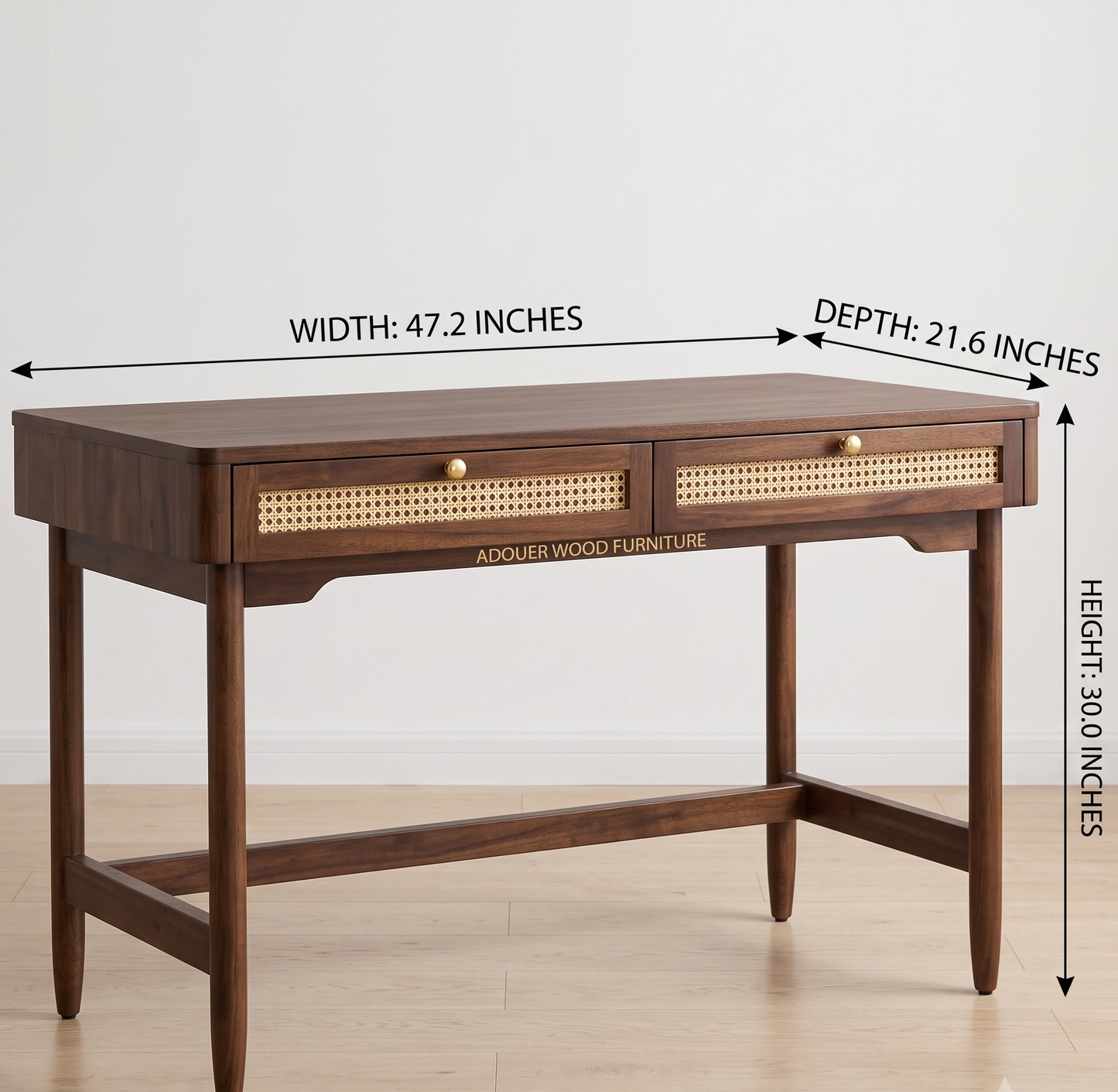 Mid-Century Modern Desk with Rattan Webbing Drawers & Tapered Legs