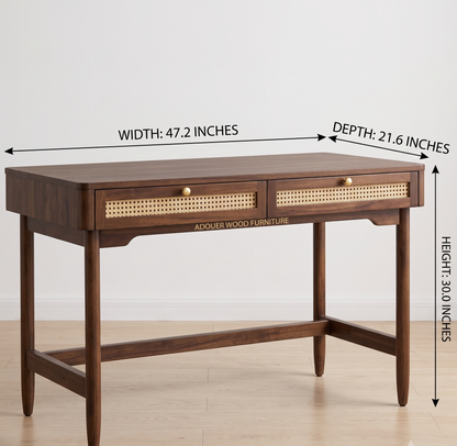 Mid-Century Modern Desk with Rattan Webbing Drawers & Tapered Legs