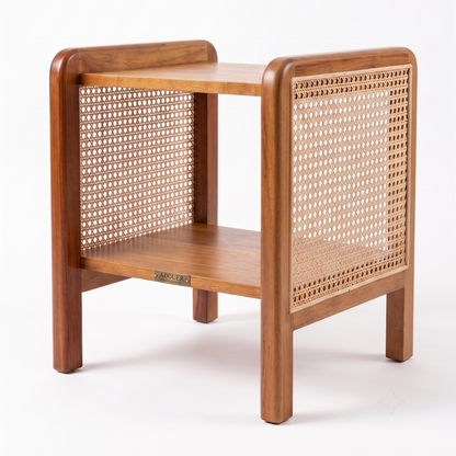 ADOUER WOOD Mid-Century Modern Wood & Rattan Nightstand – 2-Tier End Table with Cane Webbing Sides