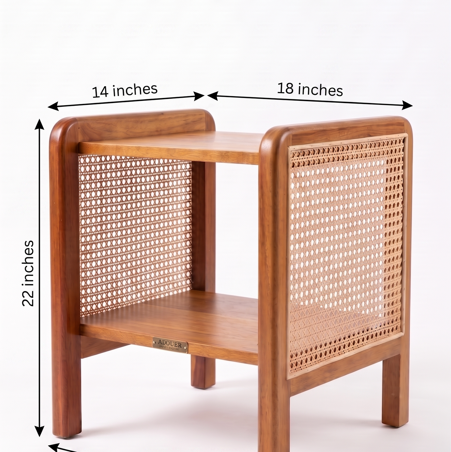 ADOUER WOOD Mid-Century Modern Wood & Rattan Nightstand – 2-Tier End Table with Cane Webbing Sides