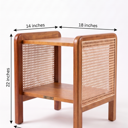ADOUER WOOD Mid-Century Modern Wood & Rattan Nightstand – 2-Tier End Table with Cane Webbing Sides
