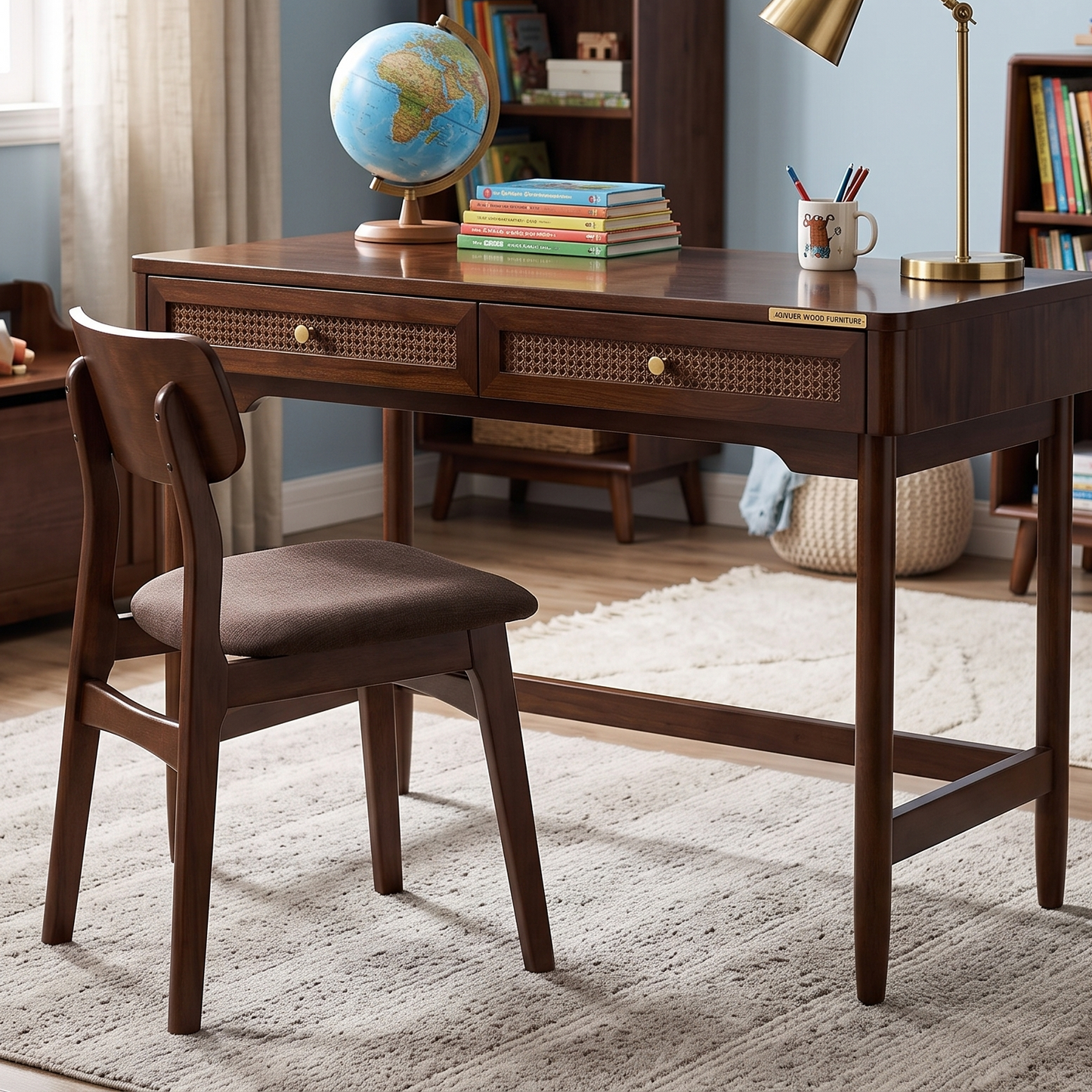 Mid-Century Modern Desk with Rattan Webbing Drawers & Tapered Legs