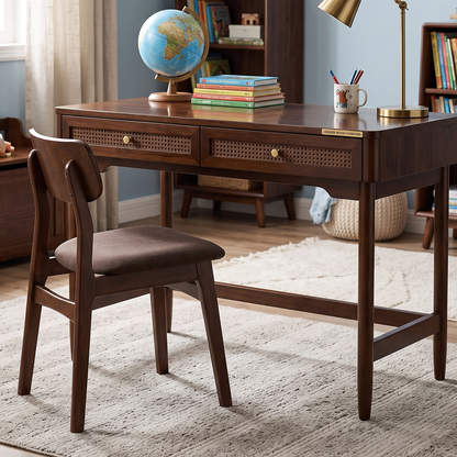 Mid-Century Modern Desk with Rattan Webbing Drawers & Tapered Legs