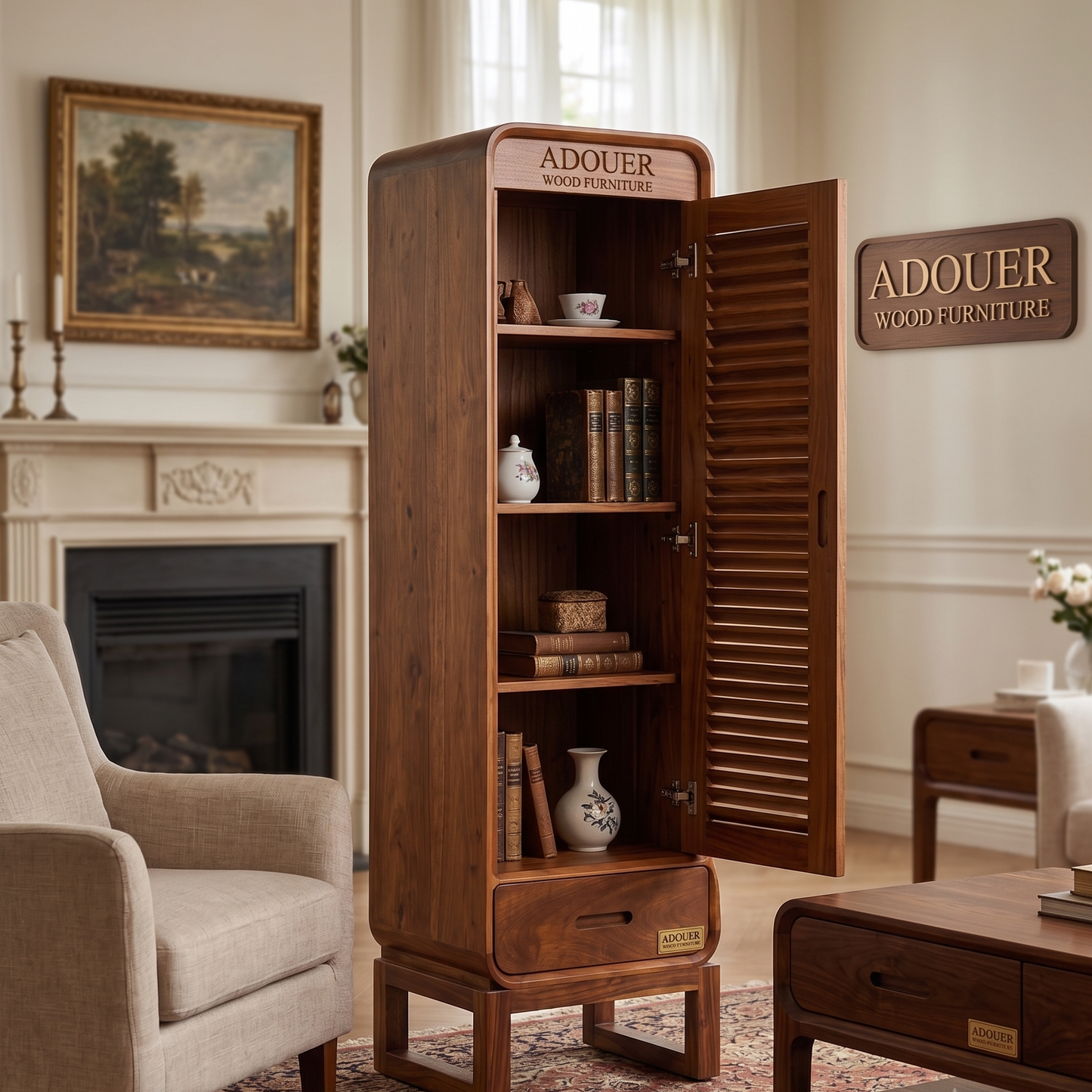 Mid-Century Solid Wood Louvered Tall Storage Cabinet with Drawer