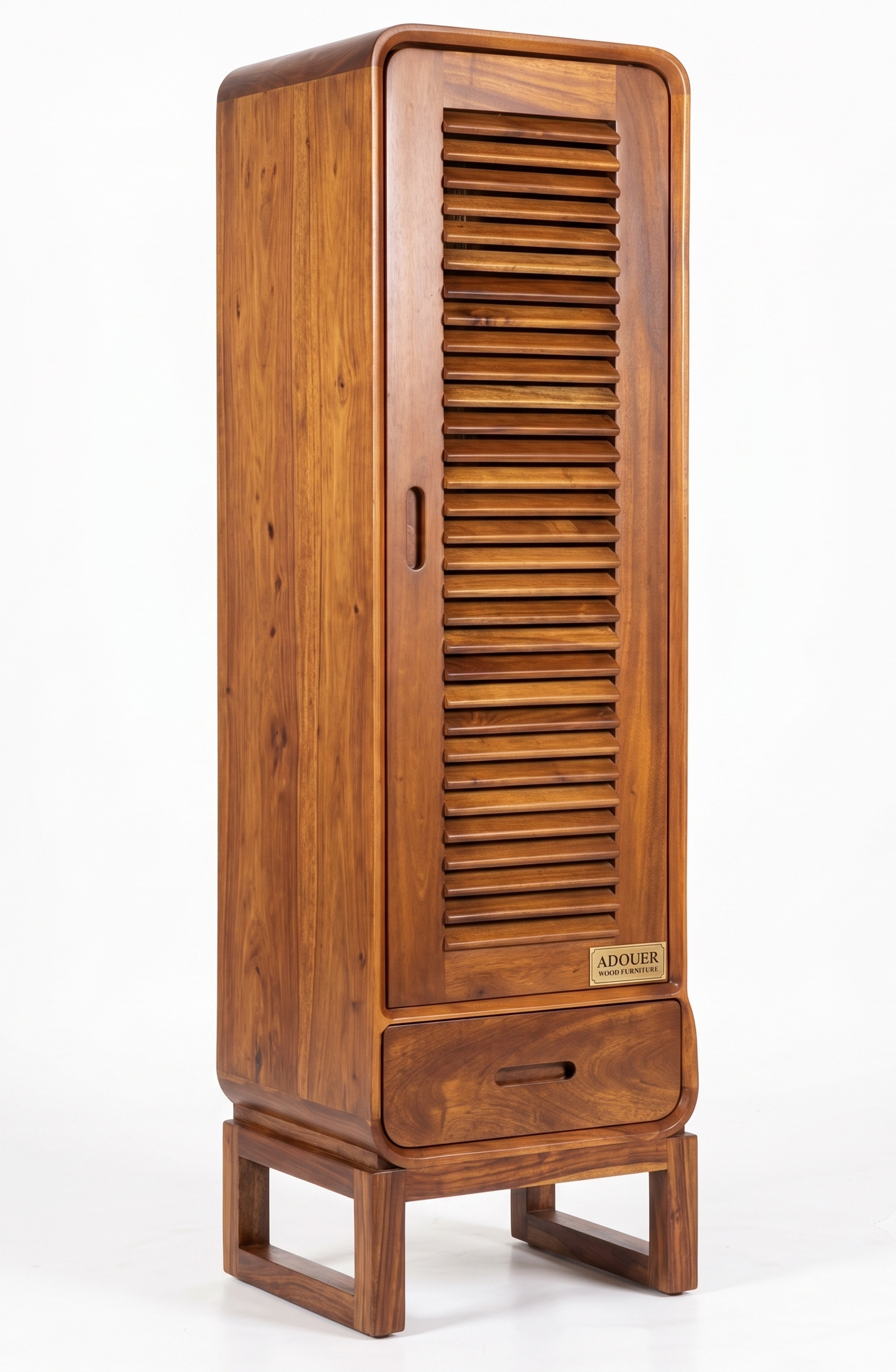 Mid-Century Solid Wood Louvered Tall Storage Cabinet with Drawer