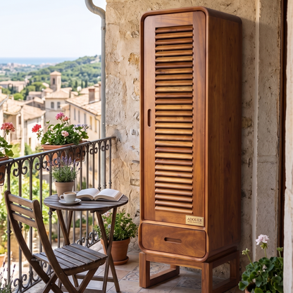 Mid-Century Solid Wood Louvered Tall Storage Cabinet with Drawer