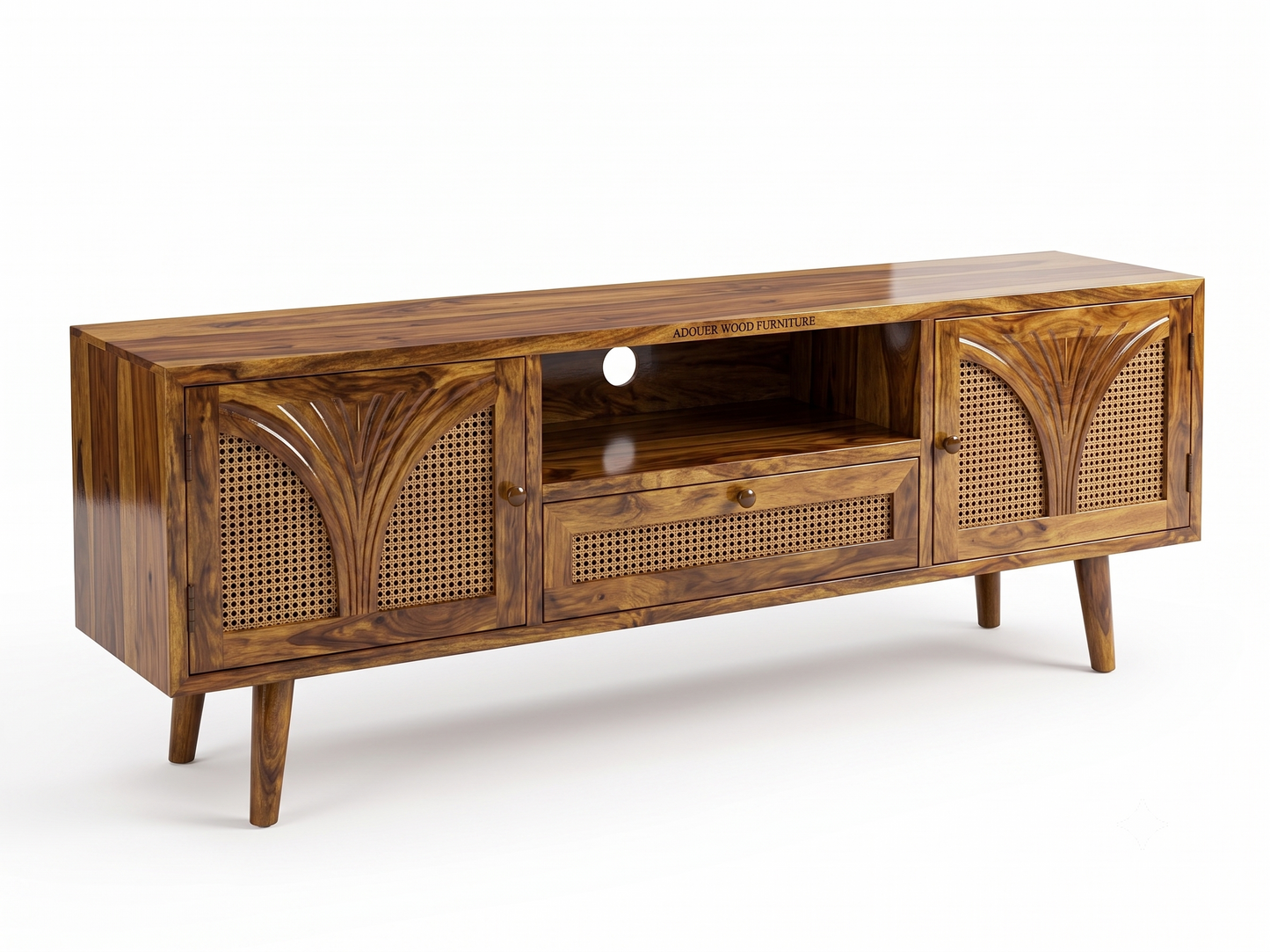 Mid-century modern wooden TV stand with cane panel doors, a central open shelf, and a drawer, shown on a white background.