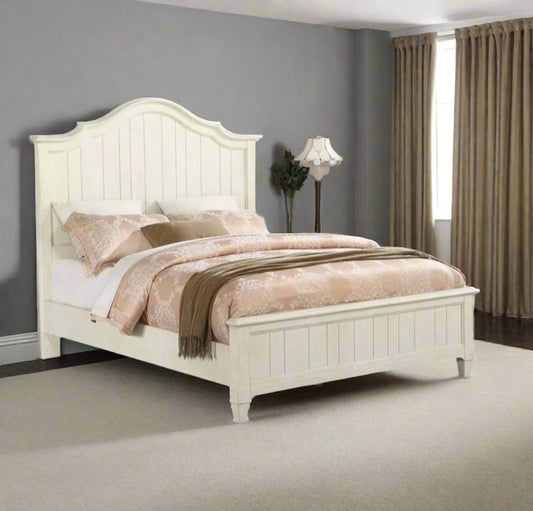 Adouer Wood "Vintage Cream Wooden Bed Frame with Arched Headboard and Cottage-Style Design"