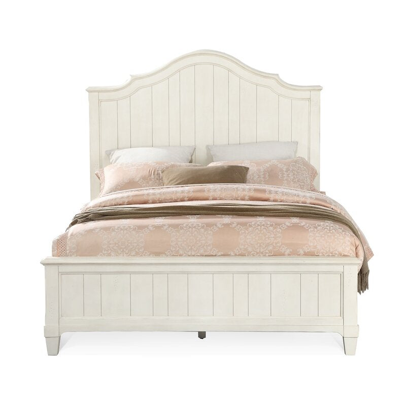 Adouer Wood "Vintage Cream Wooden Bed Frame with Arched Headboard and Cottage-Style Design"